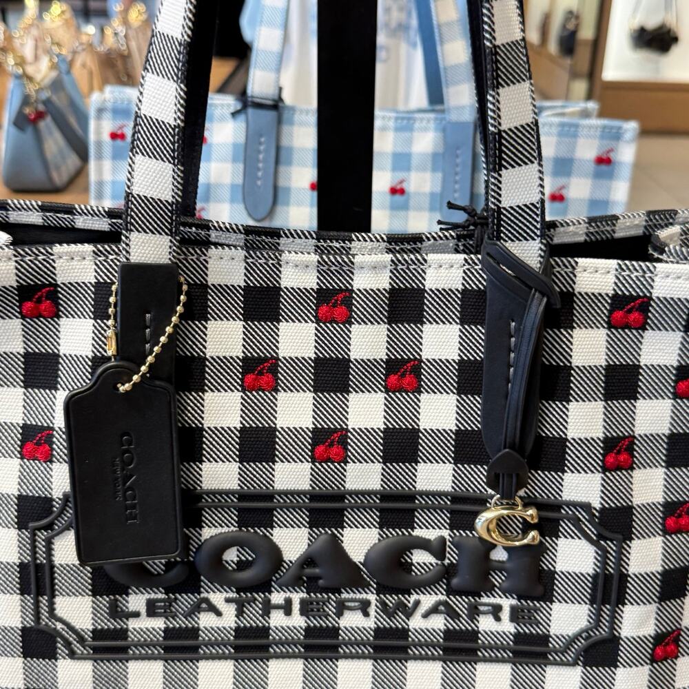 Coach Tote Bag With Gingham Print CES71 Gold/Black Multi - Picture 3 of 6